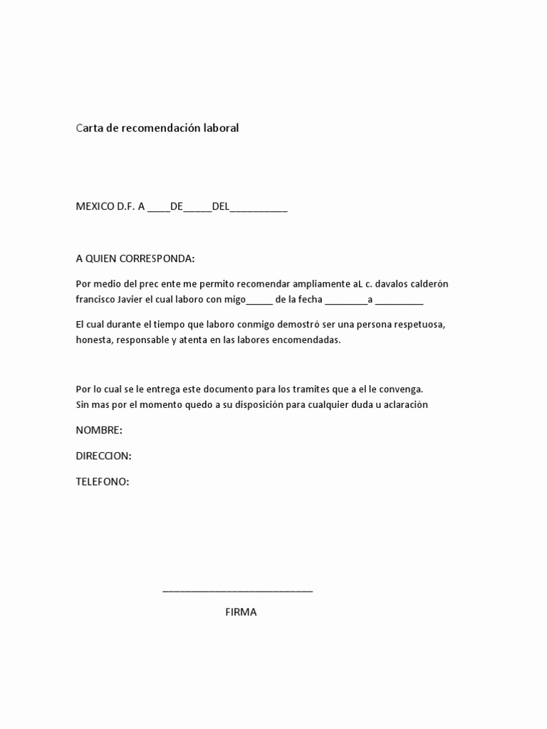 Formato Carta De Recomendacion Personal Elegant Carta De Re Endación Laboral