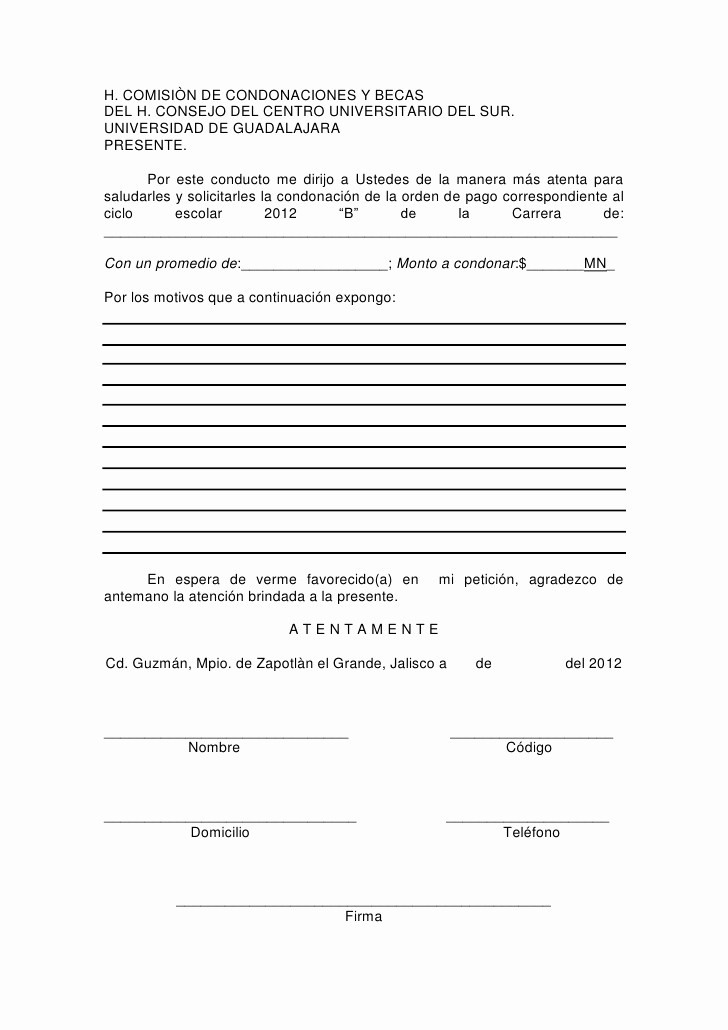 Formato De Carta De solicitud Elegant formato solicitud Condonación