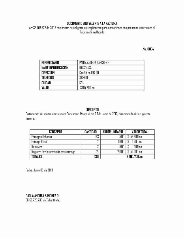 Formato Factura Regimen Simplificado Excel Fresh Documento Equivalente A La Factura Junio 2013