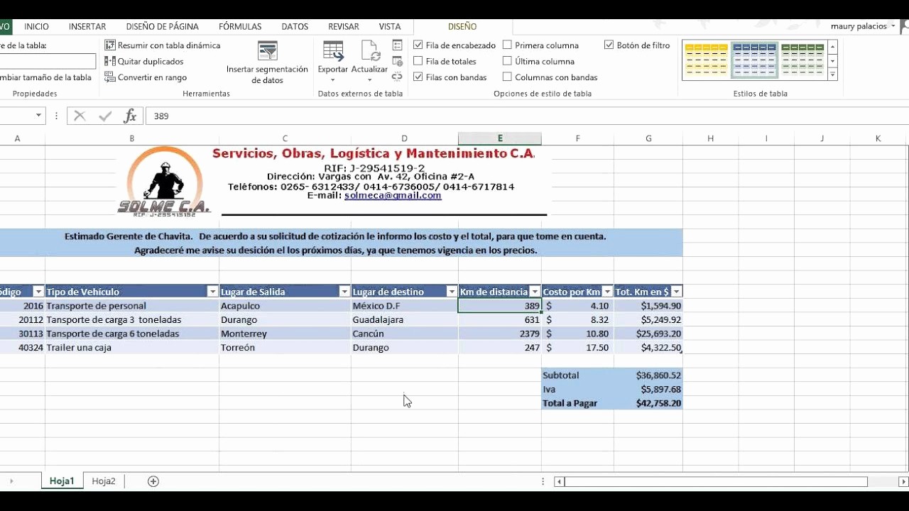 Formato Para Cotizaciones En Excel Elegant Cotización Simple En Excel sobre Transportación Terrestre