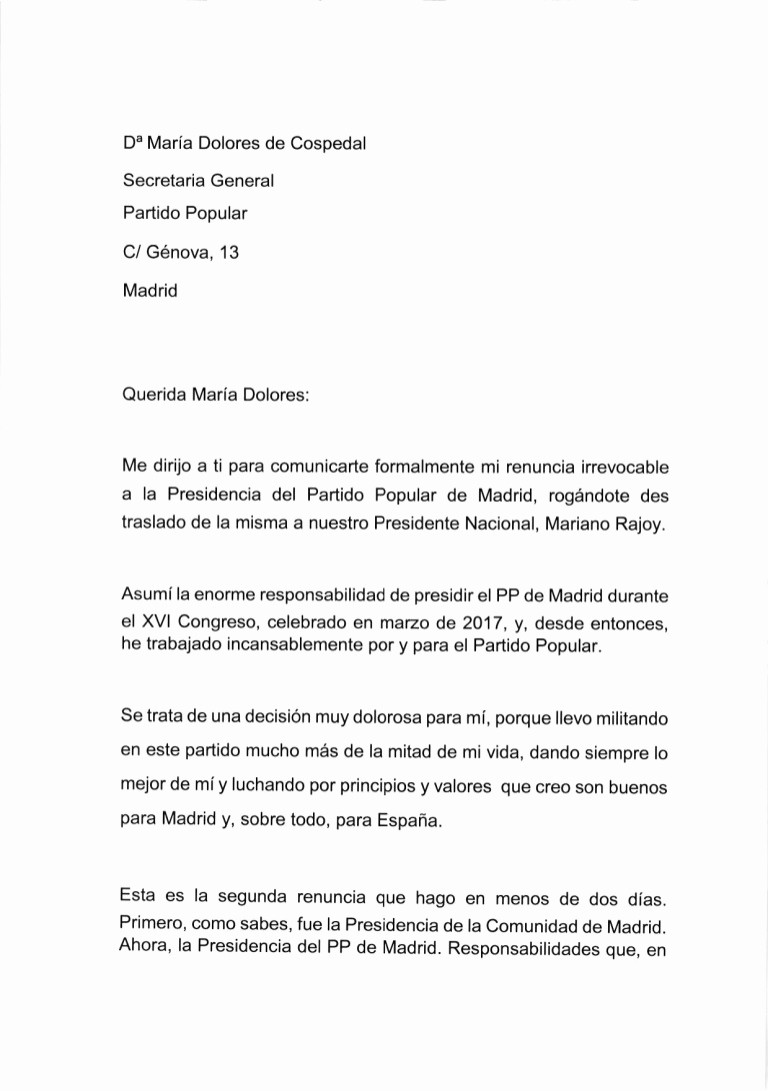 Formatos De Cartas De Renuncias Unique Cifuentes Renuncia A La Presidencia Del Pp De Madrid