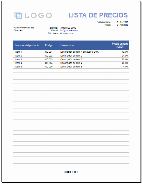 Formatos Para Cotizaciones En Excel New Plantilla De Lista De Precios Gratis En Microsoft Excel