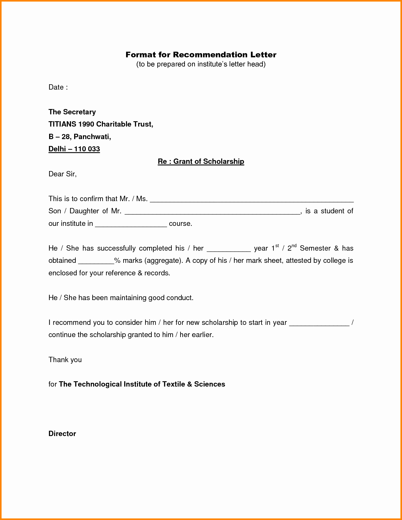 Formats for Letters Of Recommendation New Re Mendation Letter format – Templates Free Printable