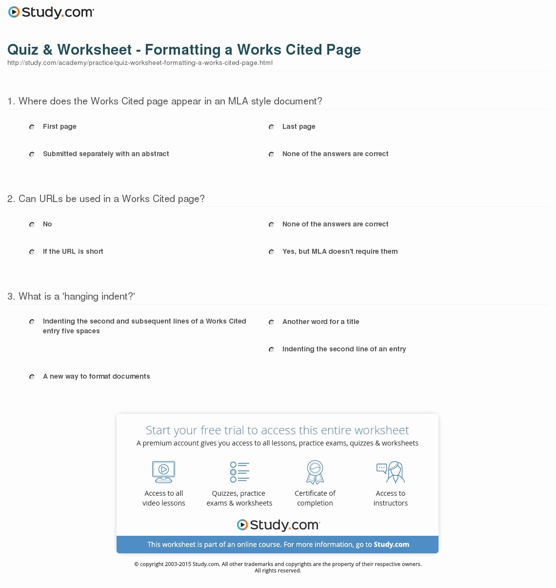 Formatting Mla Works Cited Page Luxury Quiz &amp; Worksheet formatting A Works Cited Page