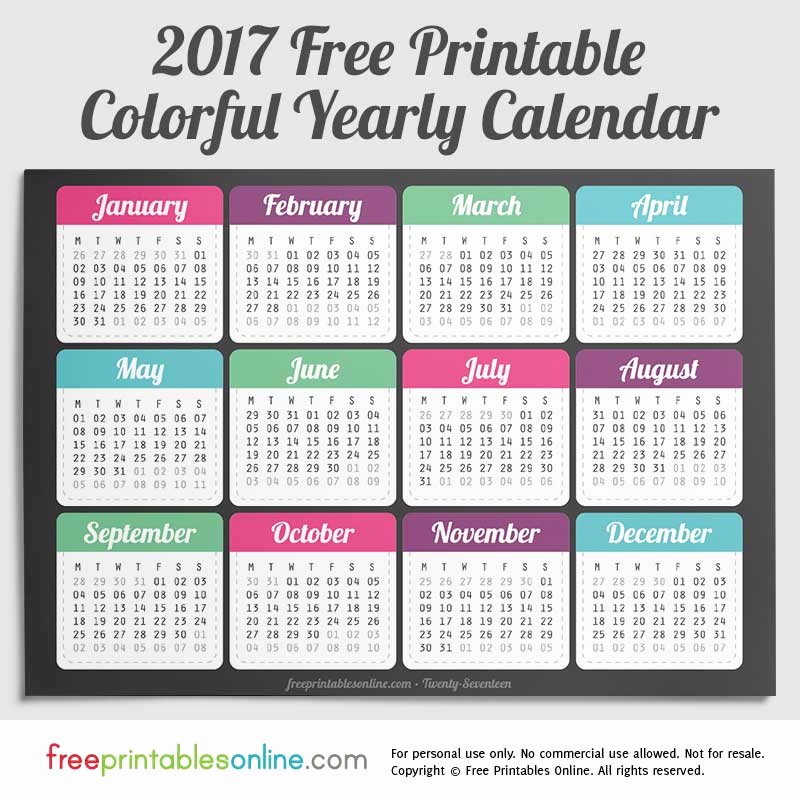 Free 2017 Yearly Calendar Template Unique 2017 Yearly Colorful Calendar to Print Free Printables