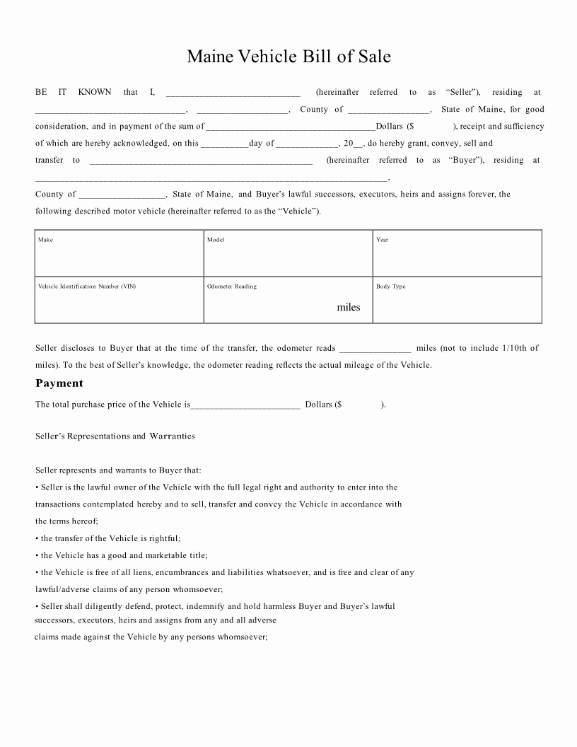 Free Bill Of Sale Auto New Free Maine Vehicle Bill Of Sale form Download Pdf