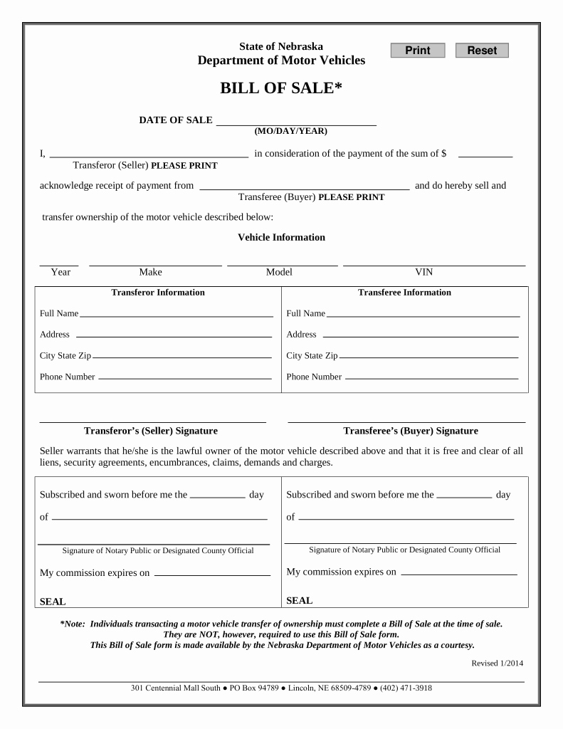 Free Bill Of Sale Auto New Free Nebraska Motor Vehicle Bill Of Sale form Pdf
