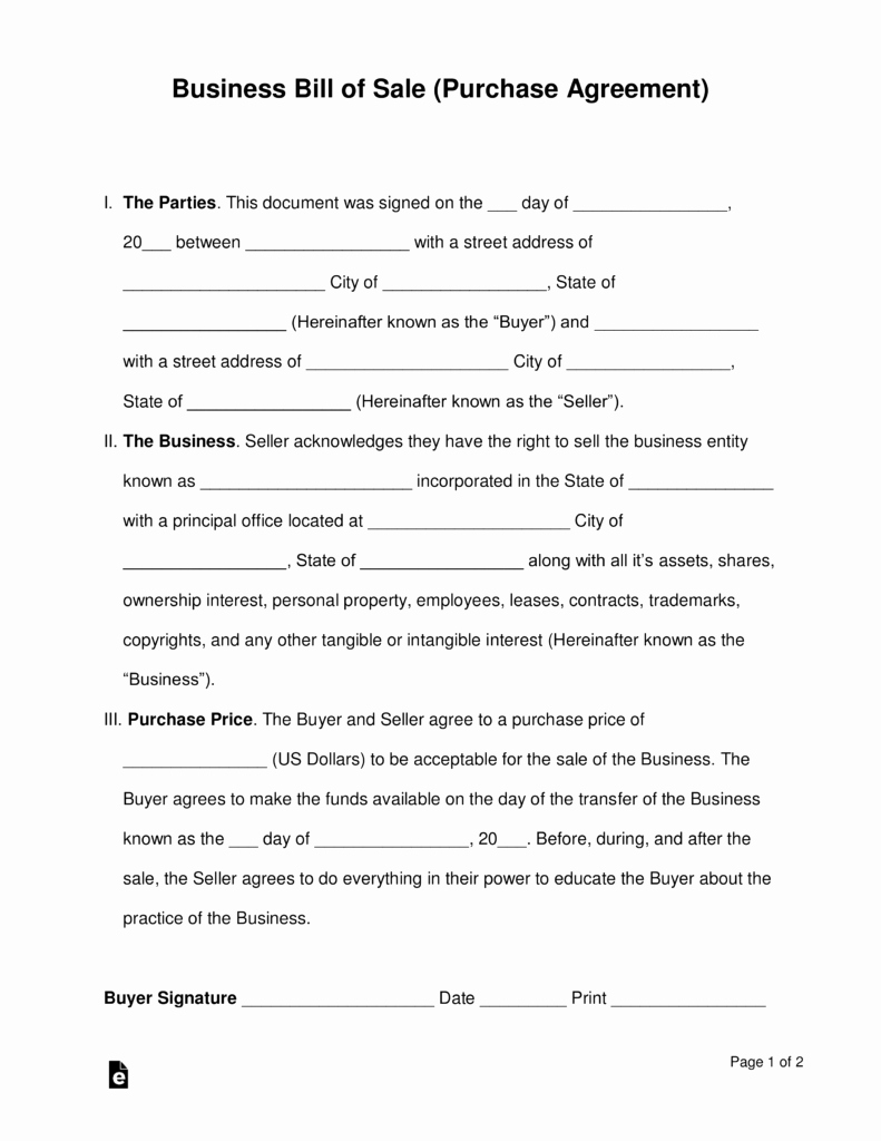 Free Bill Of Sale Contract Best Of Free Business Bill Of Sale form Purchase Agreement