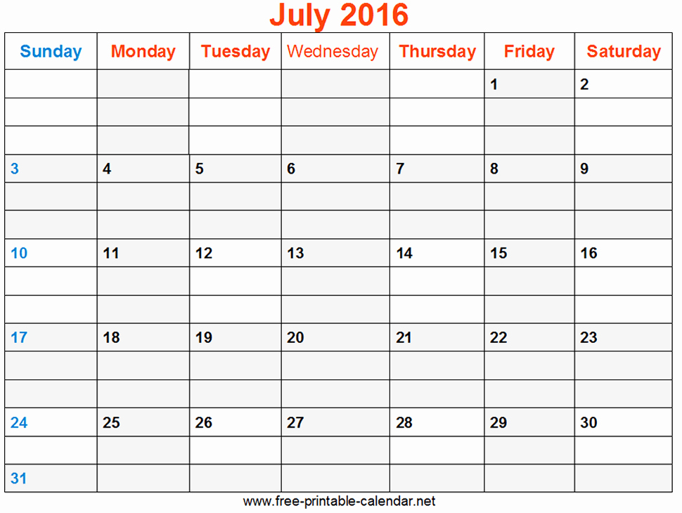 Free Downloadable 2016 Calendar Template Elegant July 2016 Monthly Calendar Printable Free