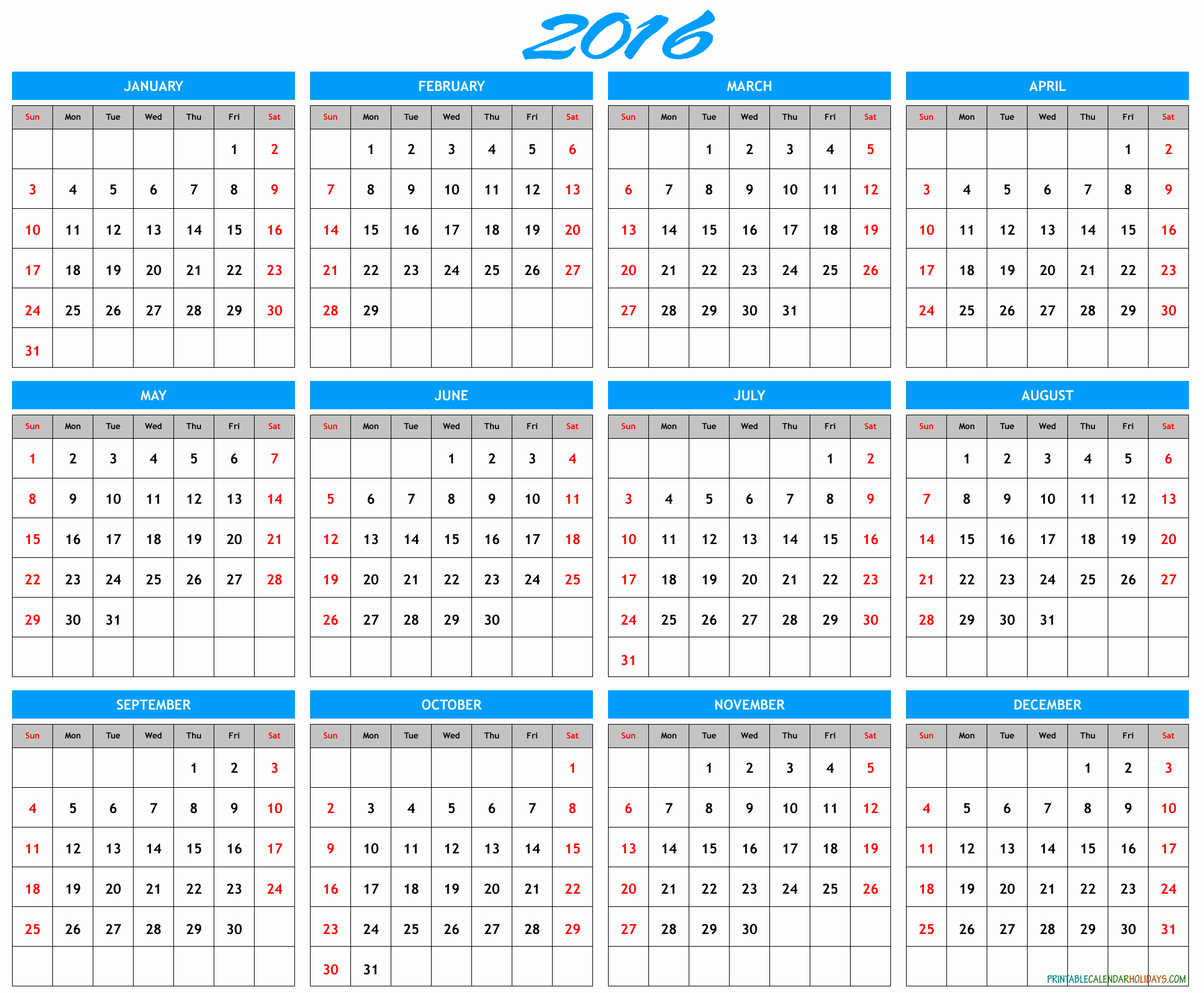 Free Downloadable 2016 Calendar Template Luxury 2016 Yearly Calendar Template In Landscape format