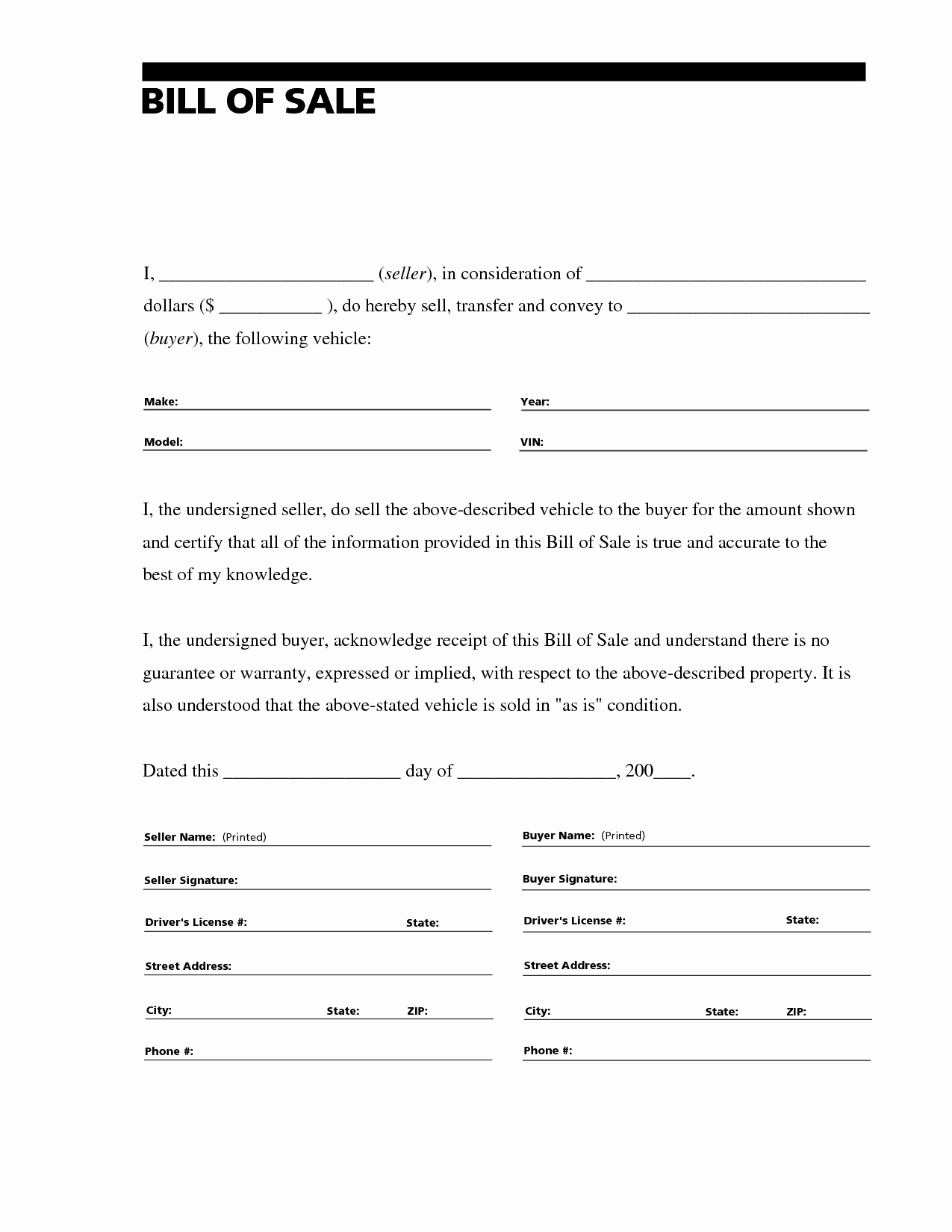 Free Downloadable Bill Of Sale Awesome Free Printable Auto Bill Of Sale form Generic