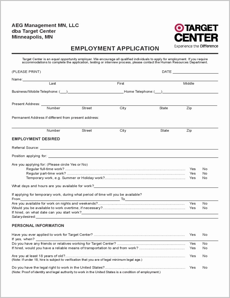 Free Employment Application form Download Elegant Printable Job Application form for Tar