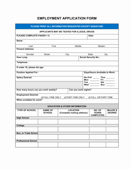 Free Employment Application form Template Inspirational Free Printable Job Application form Template form Generic