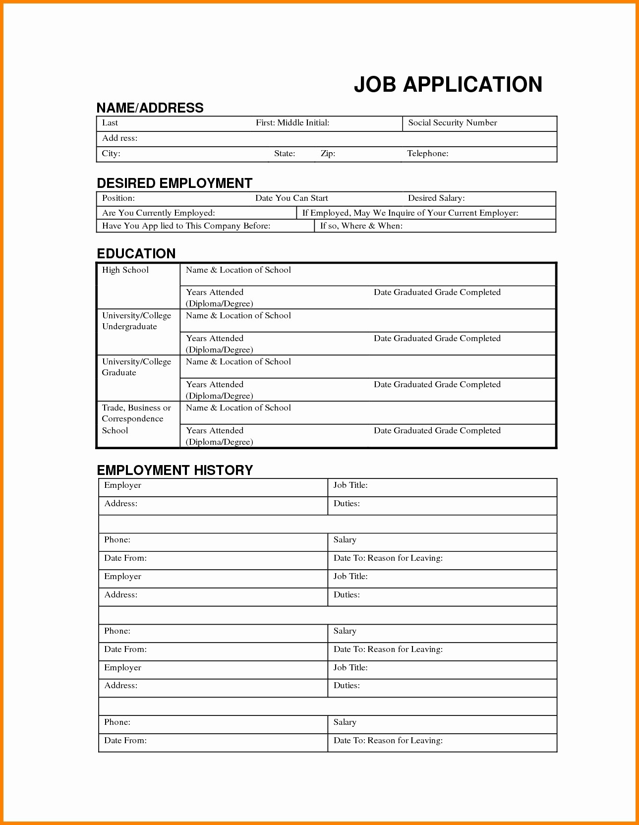 Free Employment Application form Template Lovely Free Employment Job Application form Template Sample