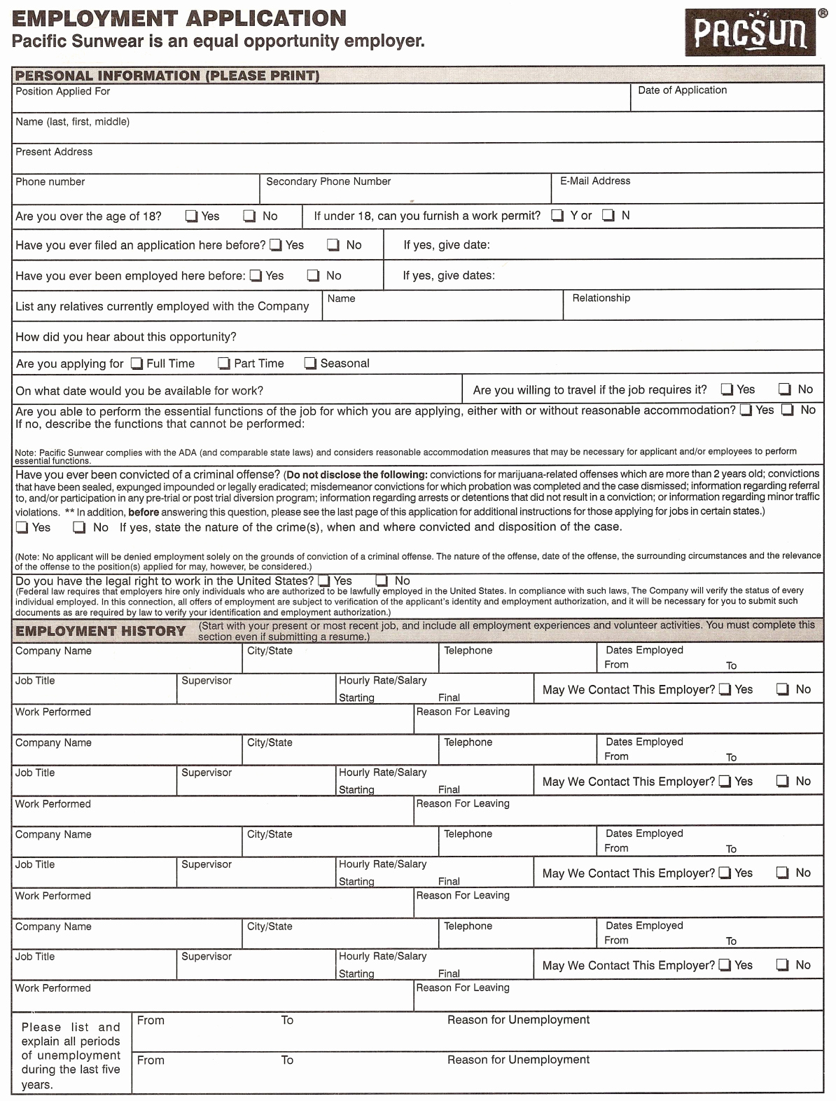 Free Employment Application to Print Inspirational Pacsun Application