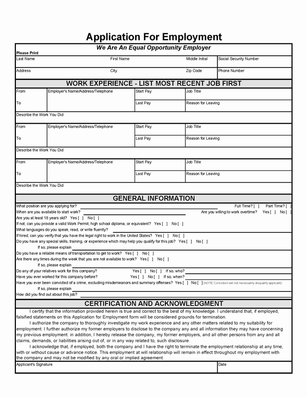 Free Employment Application to Print New Blank Employment Application California