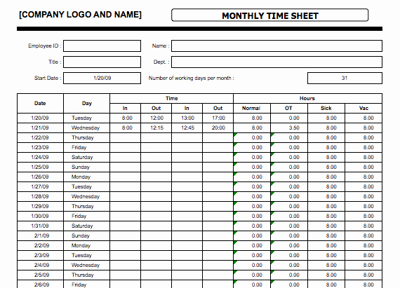 Free Excel Time Sheet Template Awesome 4 Monthly Timesheet Templates Excel Xlts