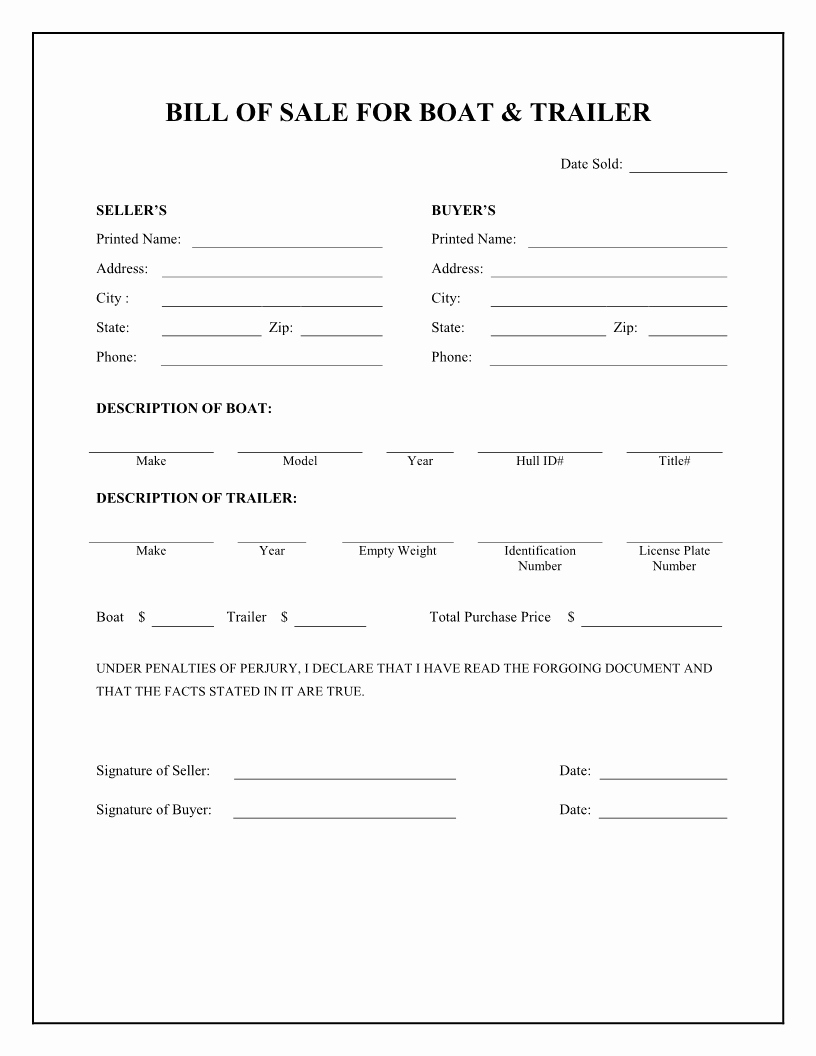 Free forms Bill Of Sale Lovely Free Printable Camper Bill Of Sale form Free form Generic