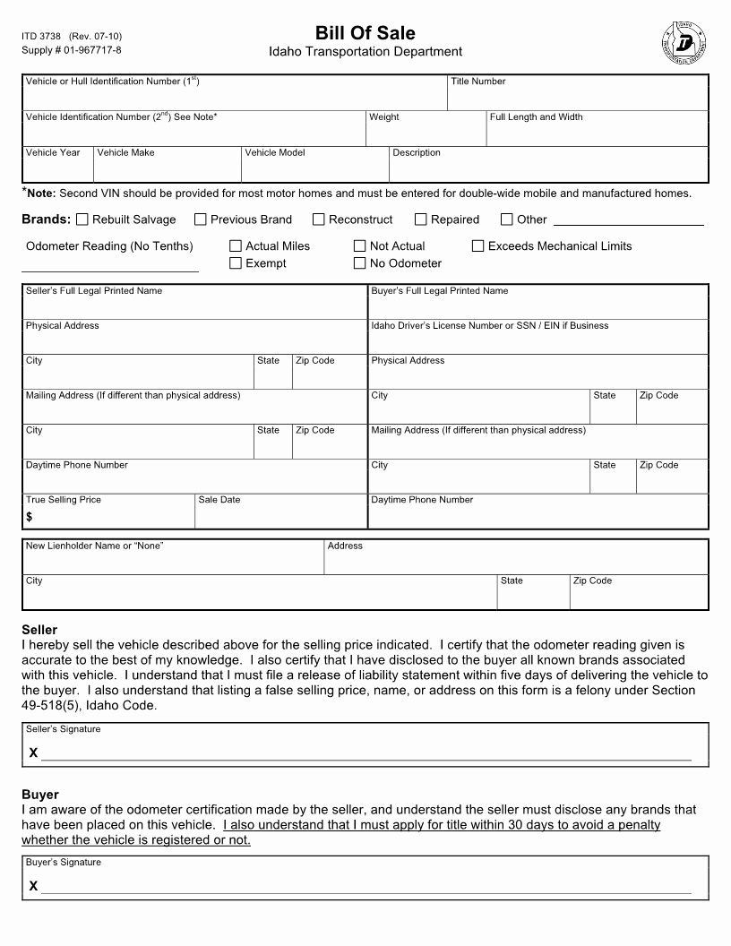 Free forms Bill Of Sale Luxury Free Idaho Vehicle Bill Of Sale form Download Pdf