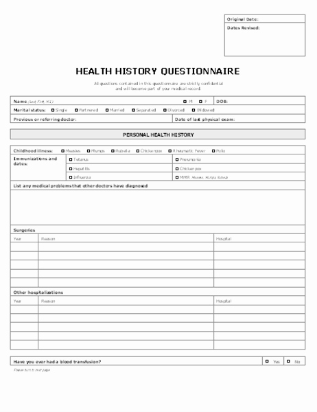 Free Medical History form Template Unique Patient Health History Questionnaire 4 Pages