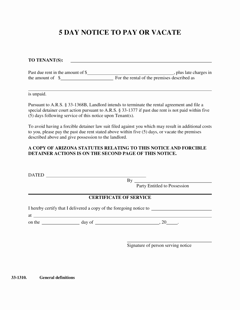 Free Pay or Quit Notice Fresh Arizona 5 Day Notice to Pay or Vacate form – Notice to