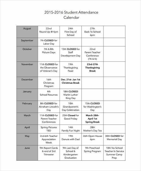 Free Printable 2016 attendance Calendar Inspirational 10 attendance Calendar Templates