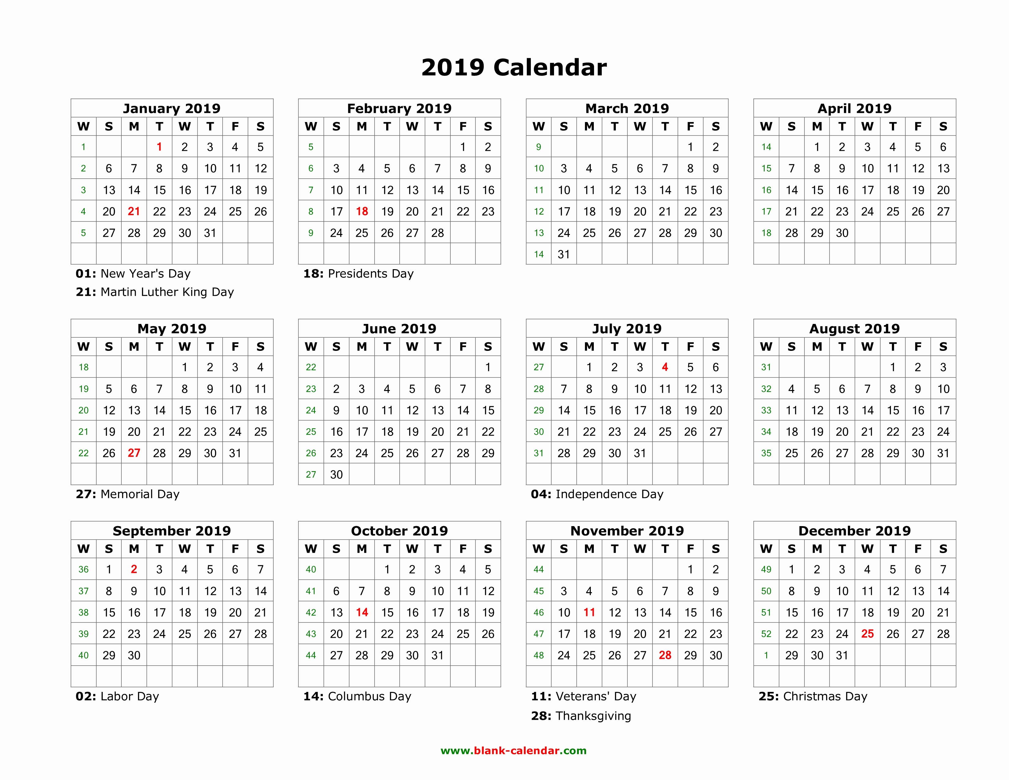 Free Printable 2019 Yearly Calendar New Download Blank Calendar 2019 with Us Holidays 12 Months