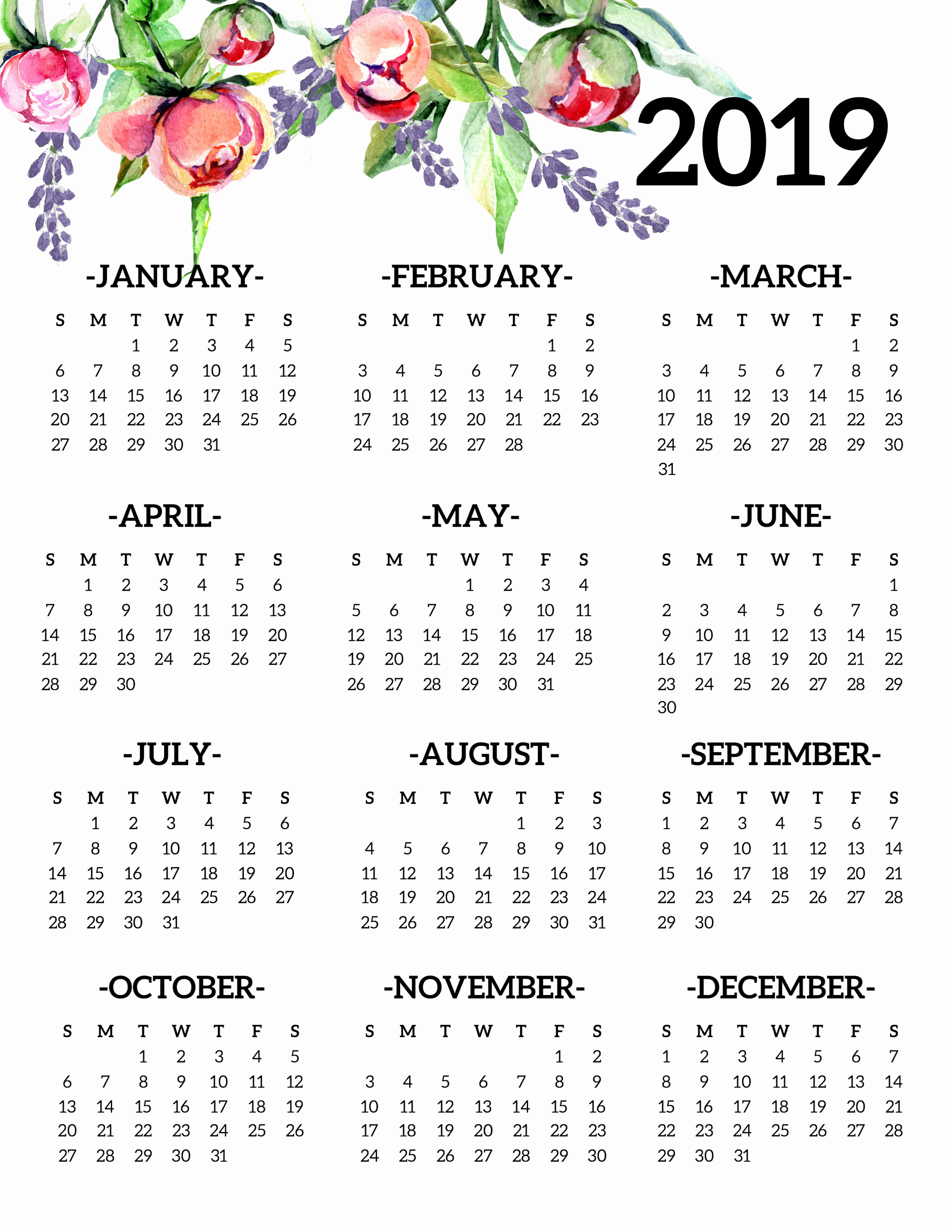Free Printable 2019 Yearly Calendar Unique Free Printable 2019 Calendar Yearly E Page Floral
