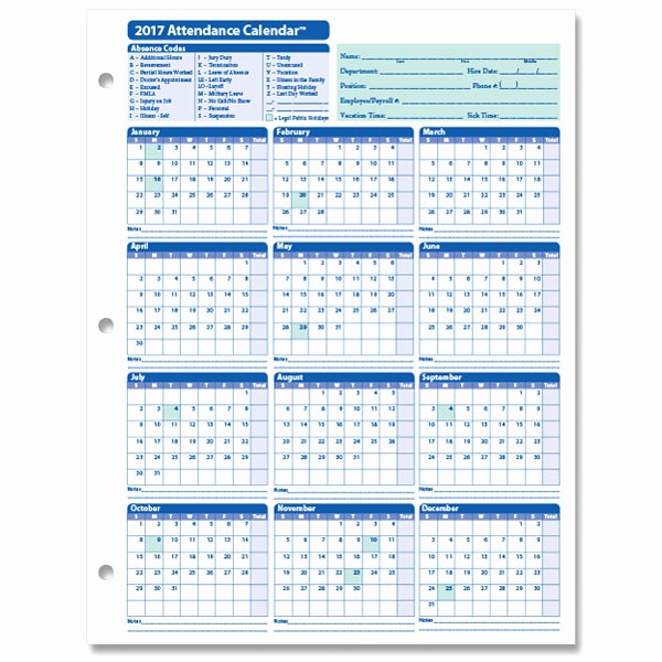 Free Printable attendance Calendar 2016 Inspirational Employee attendance Calendar 2017