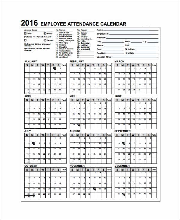 Free Printable attendance Calendar 2016 Lovely 10 attendance Calendar Templates