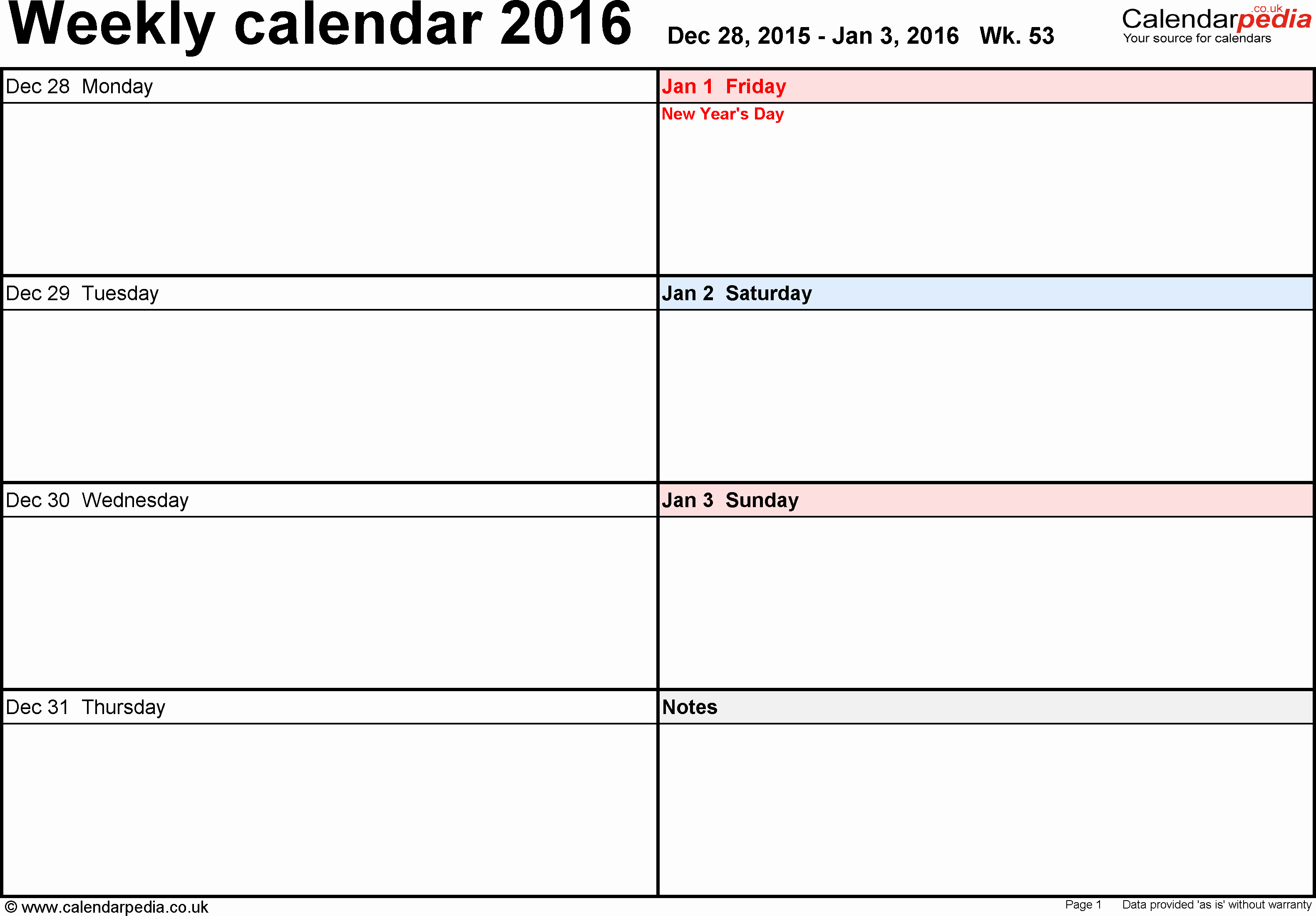 Free Printable Calendar 2016 Template Fresh Weekly Calendar 2016
