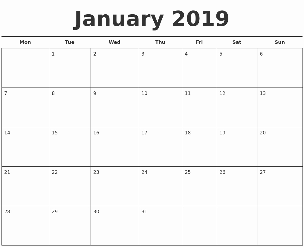 Free Printable Calendar Templates 2019 New January 2019 Free Calendar Template