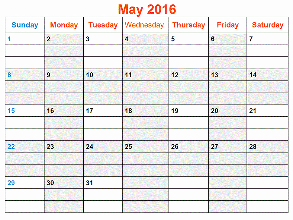 Free Printable Calendars 2016 Templates New May 2016 Weekly Printable Calendar