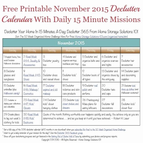 Free Printable Daily Calendar 2015 Unique November Declutter Calendar 15 Minute Daily Missions for