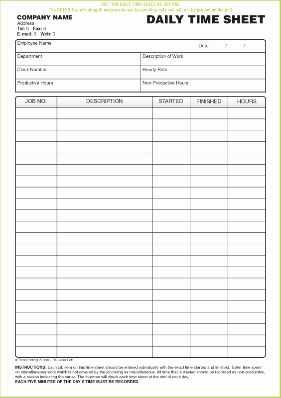 Free Printable Daily Time Sheets Inspirational Free Daily Timesheet Template form Printed From £50