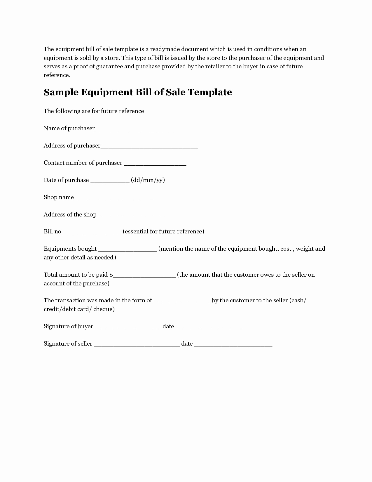 Free Template Bill Of Sale Fresh Free Printable Equipment Bill Sale Template form Generic