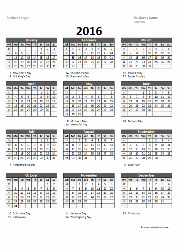 Free Year Calendar Template 2016 Elegant 2016 Excel Yearly Calendar 05 Free Printable Templates