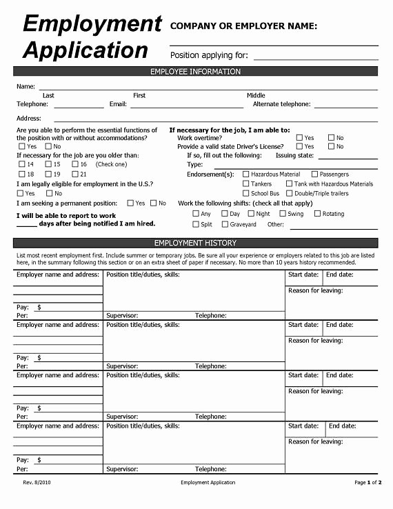 General Application for Employment Printable Lovely Generic Pany Business Employment Job Application Fillable