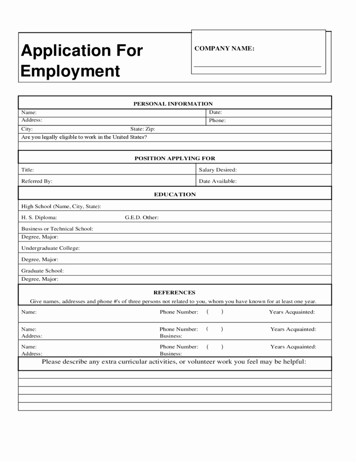 General Application for Employment Printable Unique Generic Application Free Download