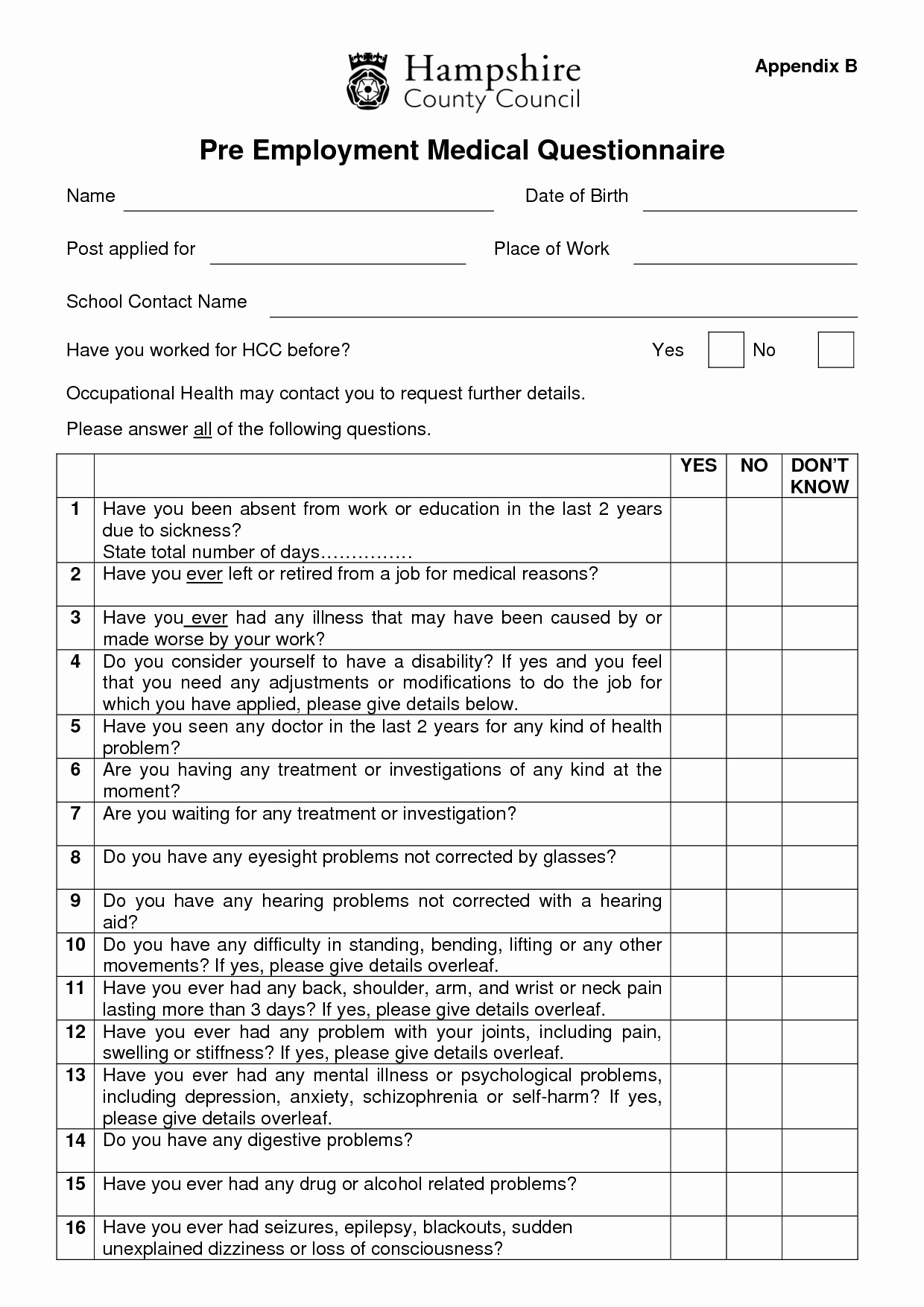 General Physical form for Employment Unique Employee Medical Questionnaire Template Templates