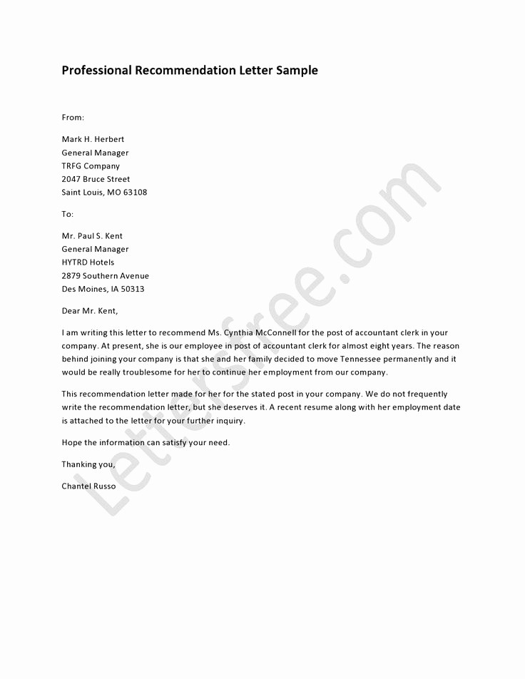 General Recommendation Letter for Employee New Professional Re Mendation Letter