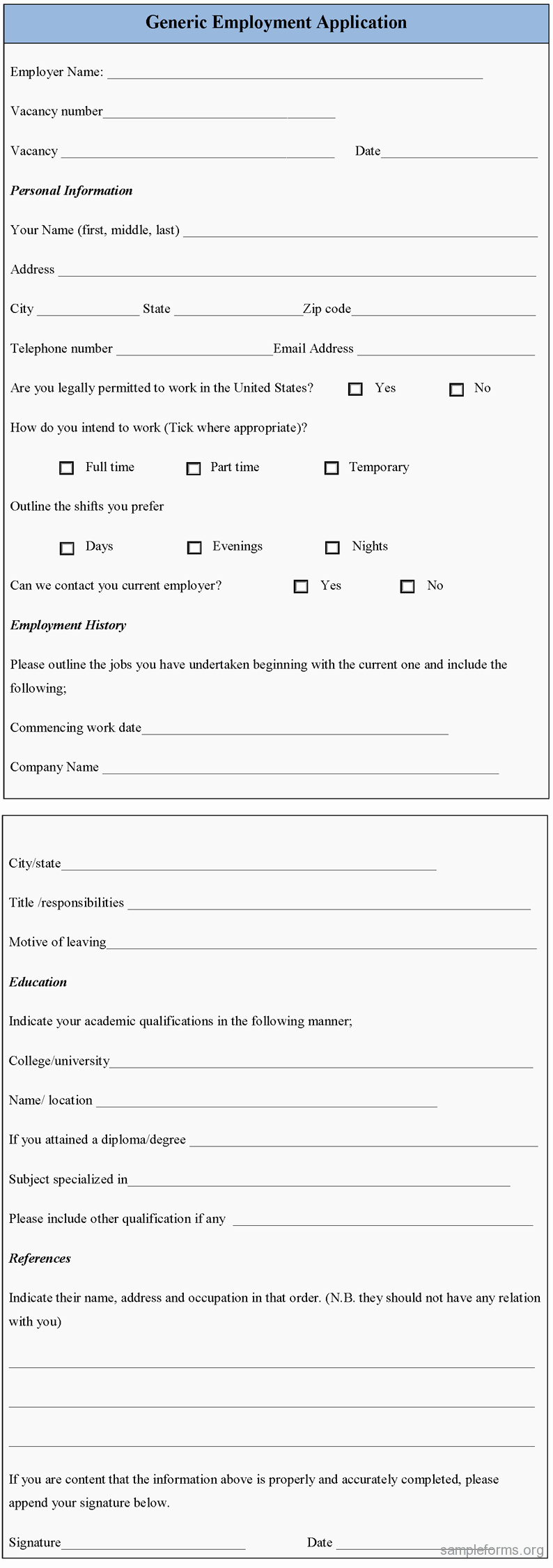 Generic Application for Employment form Awesome Generic Employment Application form Sample forms