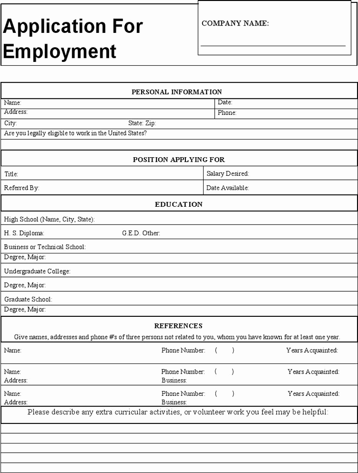Generic Application for Employment Free Beautiful Generic Application for Employment Template Free