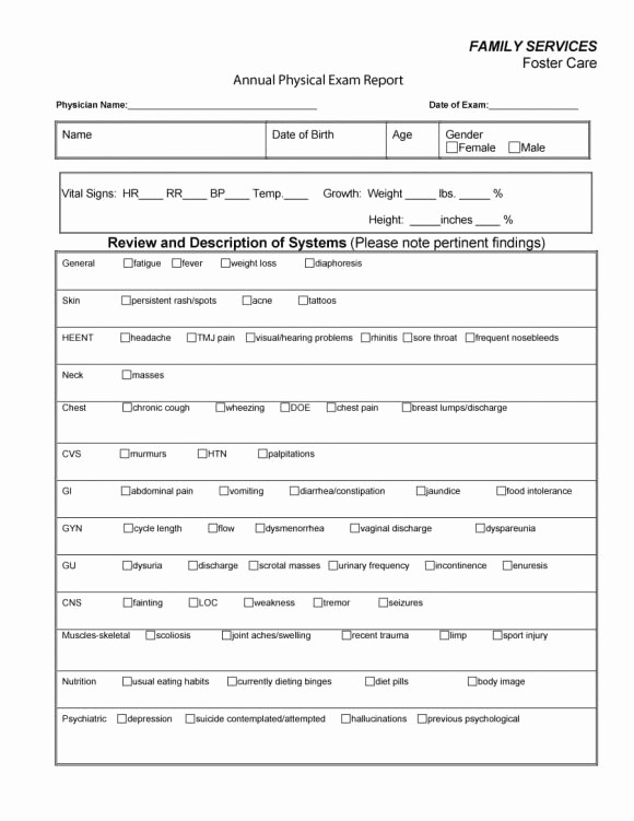 Generic History and Physical form Beautiful 43 Physical Exam Templates &amp; forms [male Female]