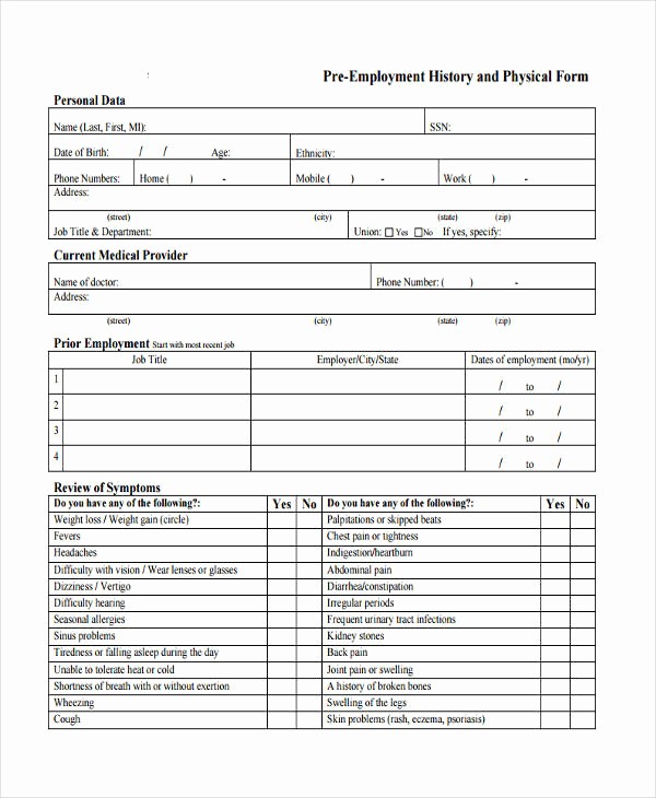 Generic History and Physical form Elegant 7 Pre Employment Physical forms Free Sample Example