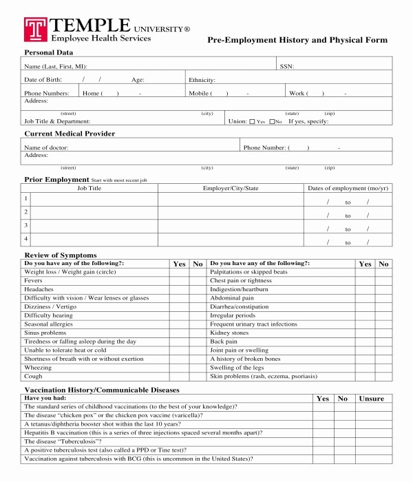 Generic History and Physical form Lovely 3 Generic Pre Employment Physical forms Pdf