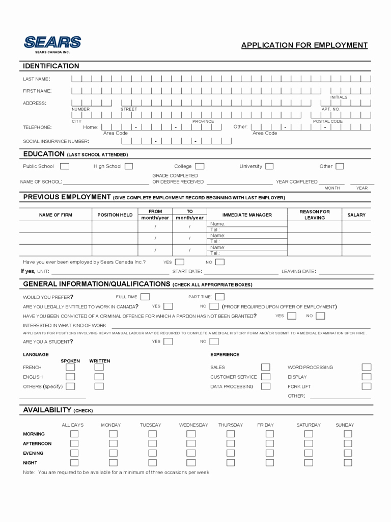 Generic Job Application Fillable Pdf Lovely Sears Application for Employment form Edit Fill Sign