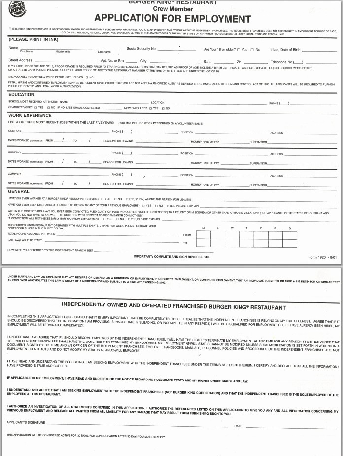Generic Job Application Fillable Pdf Luxury Burger King Application Line Job Employment form