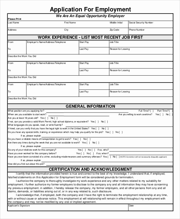 Generic Job Application to Print New 8 Sample Employment Application forms – Pdf Doc