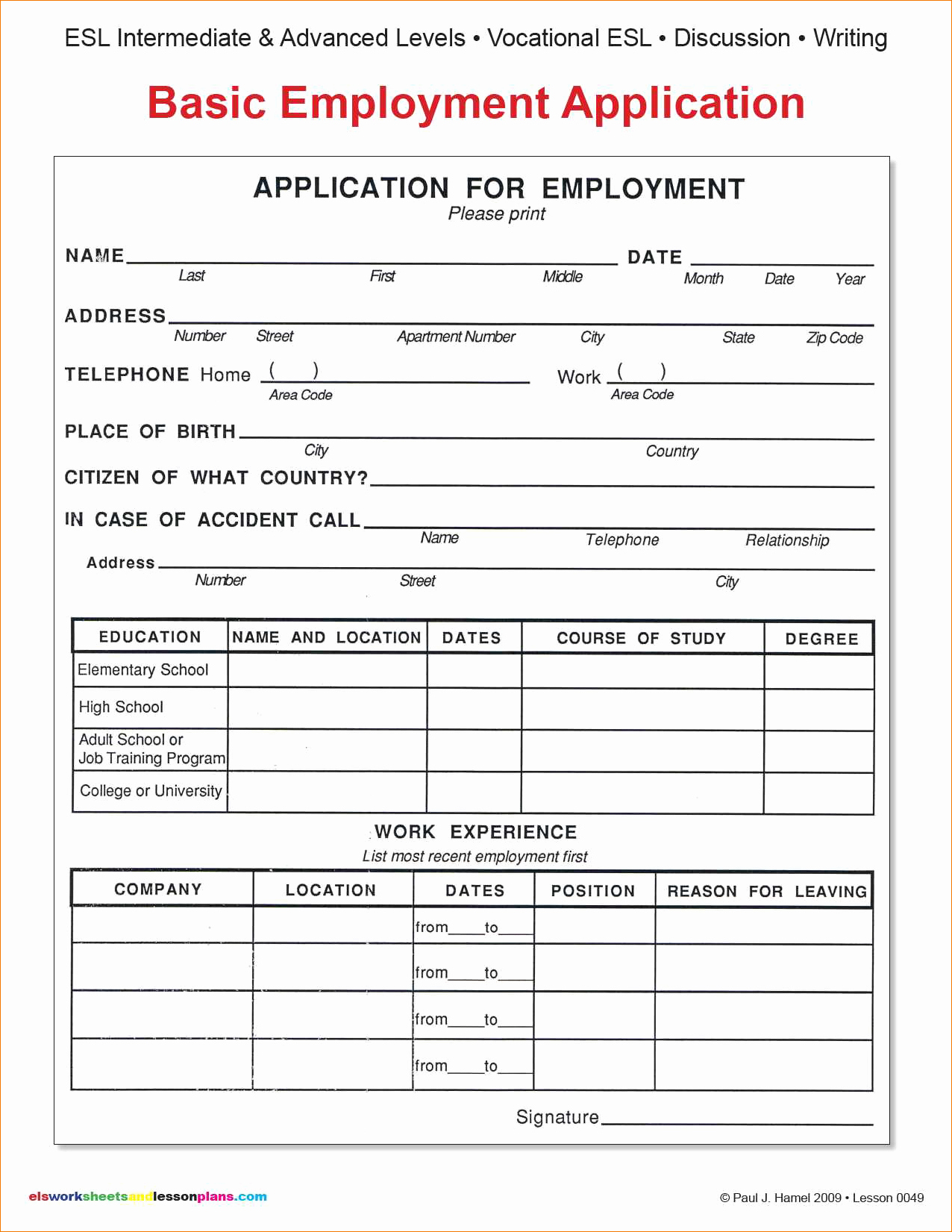 Generic Job Application to Print New 9 Basic Application for Employmentagenda Template Sample